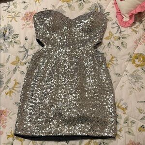 Lulus Magical Night Silver Sequin Strapless Cutout Bodycon Mini Dress